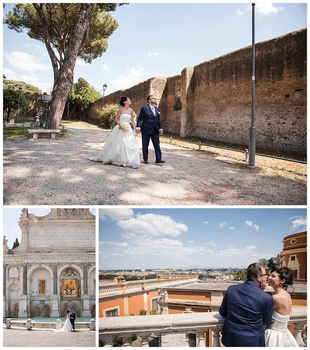 Gli sposi sorridono durante il servizio fotografico a Roma