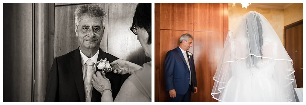 L'emozione del papà della sposa nel giorno del matrimonio — reportage in bianco e nero