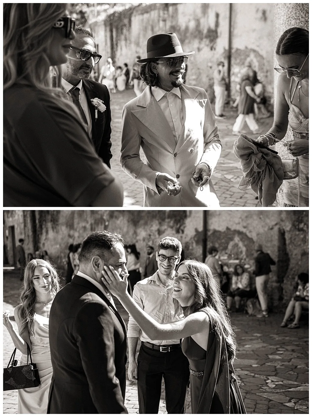 Momenti di attesa tra gli invitati prima della cerimonia — reportage di matrimonio a Roma