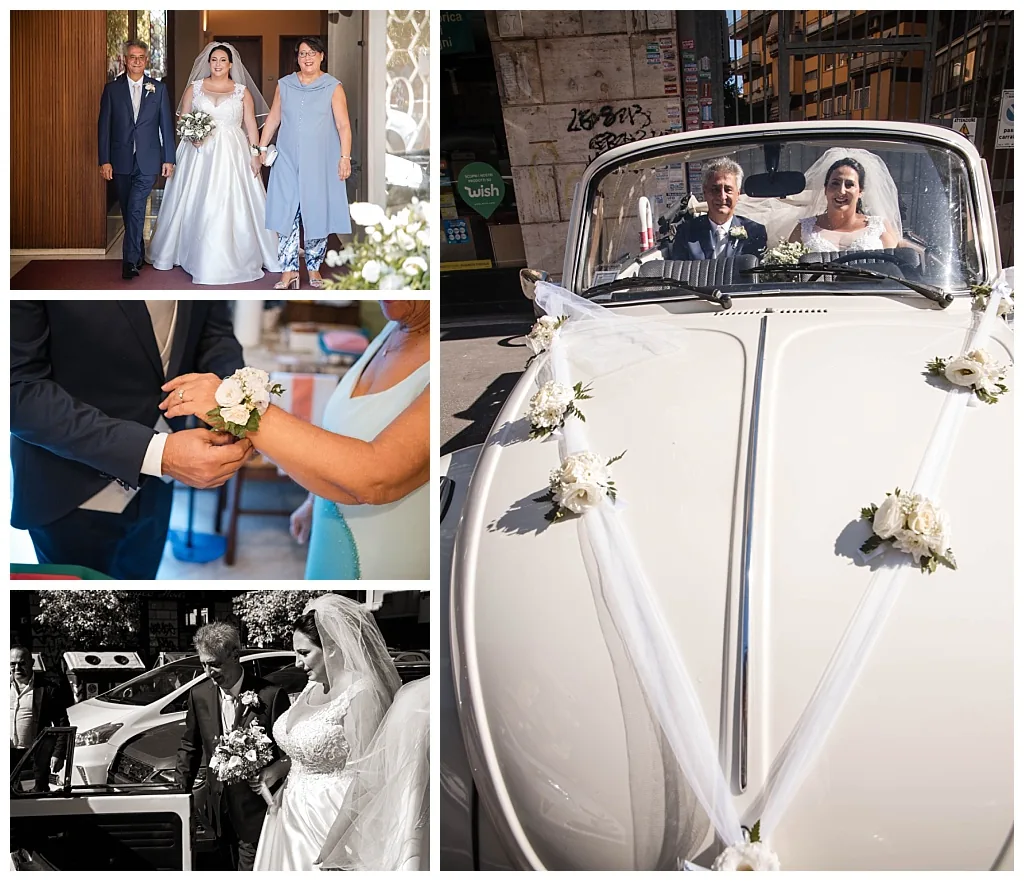 L'arrivo della sposa in auto d'epoca alla basilica sull'Appia Antica