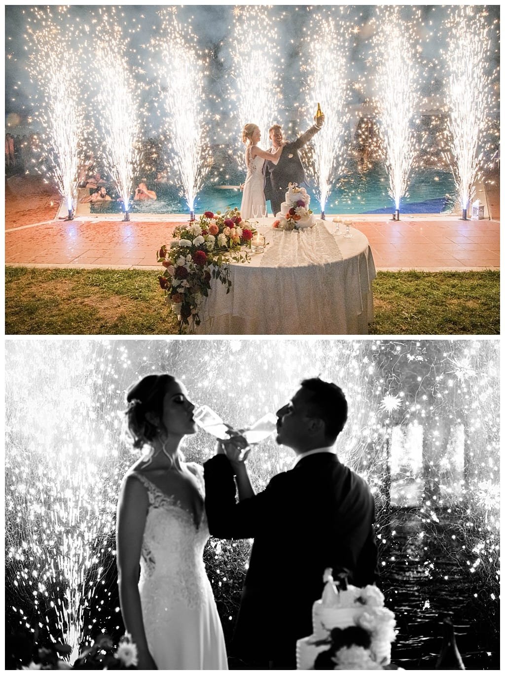 "Taglio della torta nuziale, fotografato da un fotografo matrimonio Roma, in una villa con giardino."